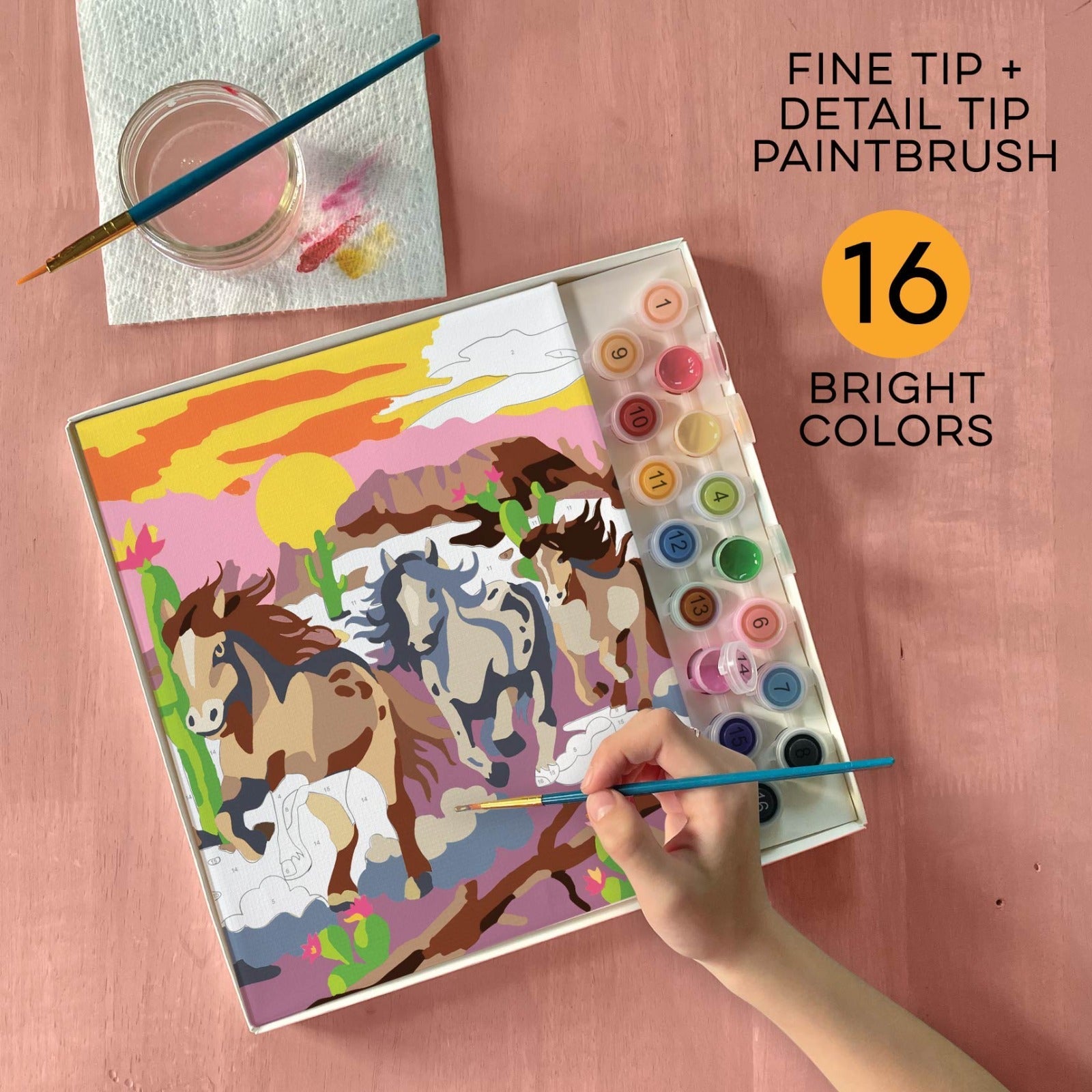 iHeartArt Paint by Numbers - Wild Horses – Paint a majestic wild horse scene on a pink background. 