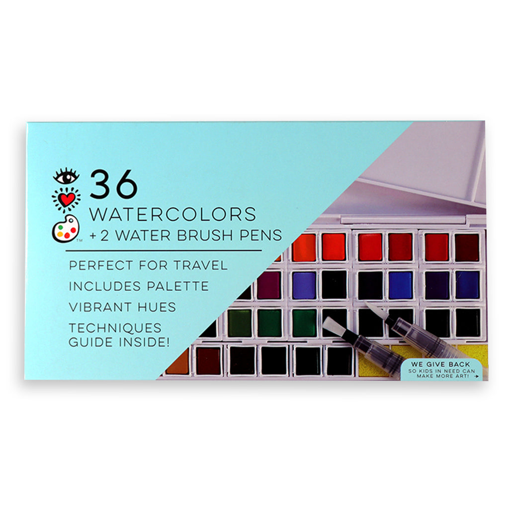 36 Watercolors  + 2 Water Brush Pens